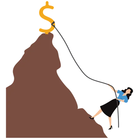 Businesswoman climbing mountain to earn finance  Illustration