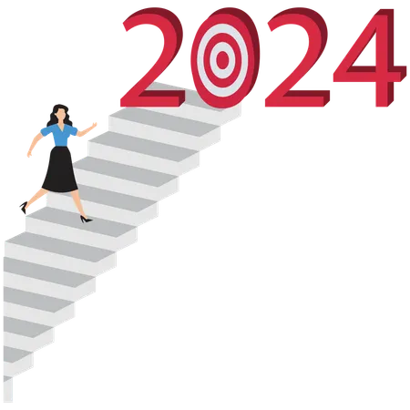 Businesswoman climbing stair up to the target  Illustration