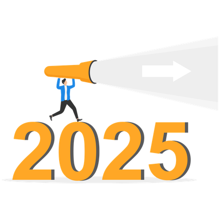 Businesswoman climbing stairs to look through binoculars at number 2025  Illustration