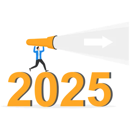 Businesswoman climbing stairs to look through binoculars at number 2025  Illustration