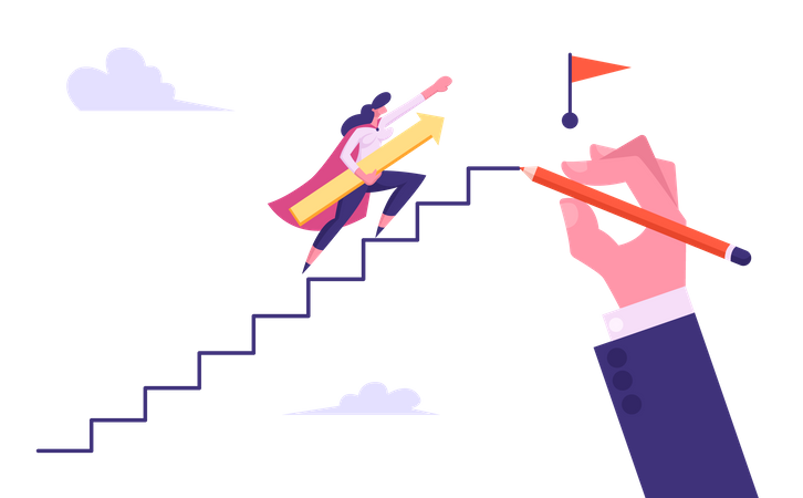 Businesswoman climbing stairs towards goal  Illustration