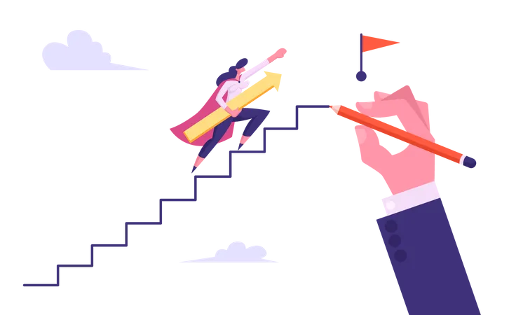Businesswoman climbing stairs towards goal Illustration