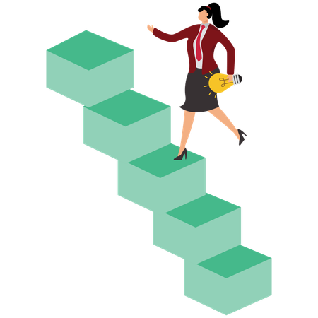 Businesswoman climbing steps with lightbulb  Illustration