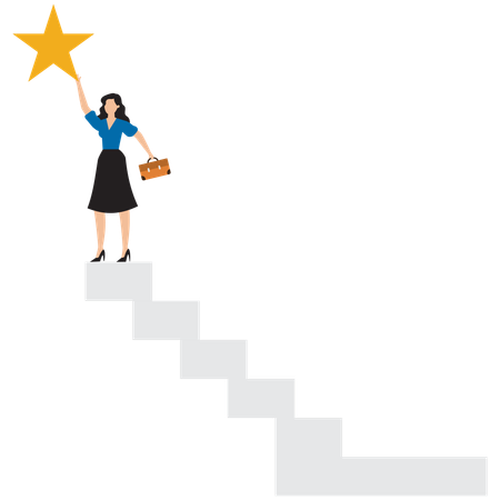 Businesswoman climbs ladder to top to win the star prize  Illustration