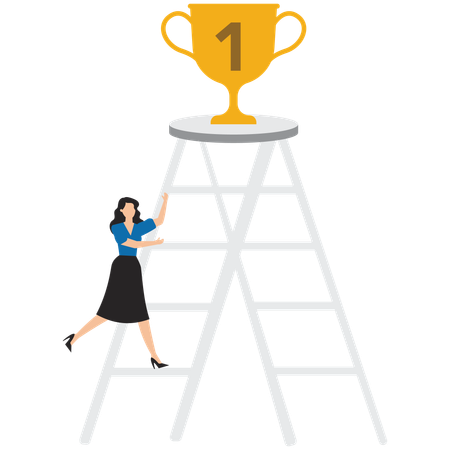 Businesswoman climbs small ladder diligently to reach the championship trophy  Illustration