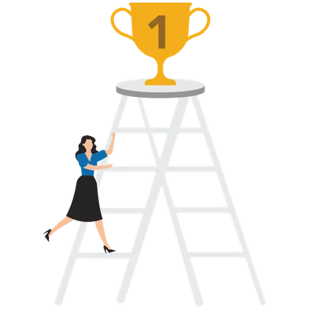 Businesswoman climbs small ladder diligently to reach the championship trophy  Illustration