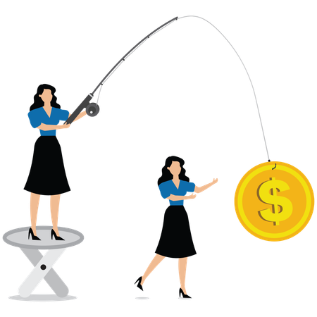 Businesswoman collecting finance using fishing rod  Illustration