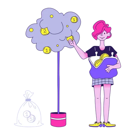 Businesswoman collects profits from investments  Illustration