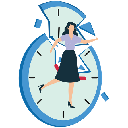 Businesswoman come out from Breaking clock  Illustration