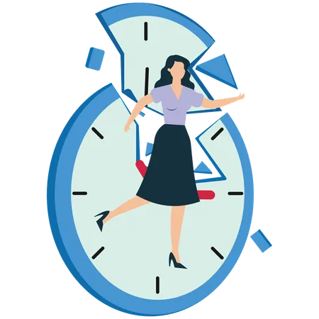 Businesswoman come out from Breaking clock  Illustration