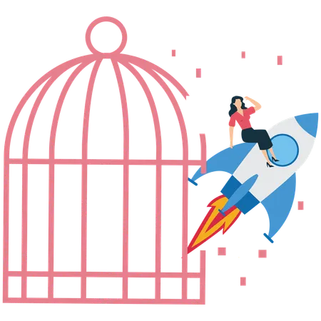 Businesswoman coming out from cage while working on new business startup  Illustration