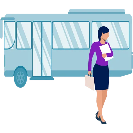 Businesswoman coming out of bus  Illustration