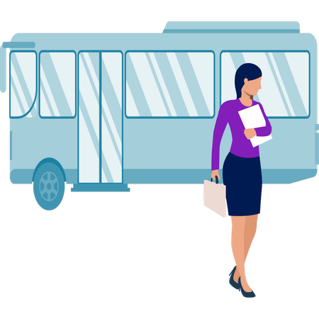 Businesswoman coming out of bus  Illustration