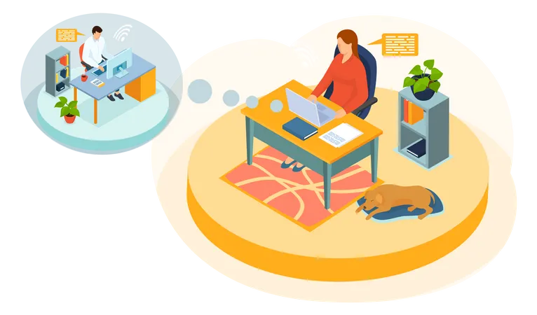 Businesswoman Communicating With Colleague In Living Room With Dog Sitting At Desk With Computer Business Call Communication At Distance With Partners Modern Digital Technologies Conversation Illustration