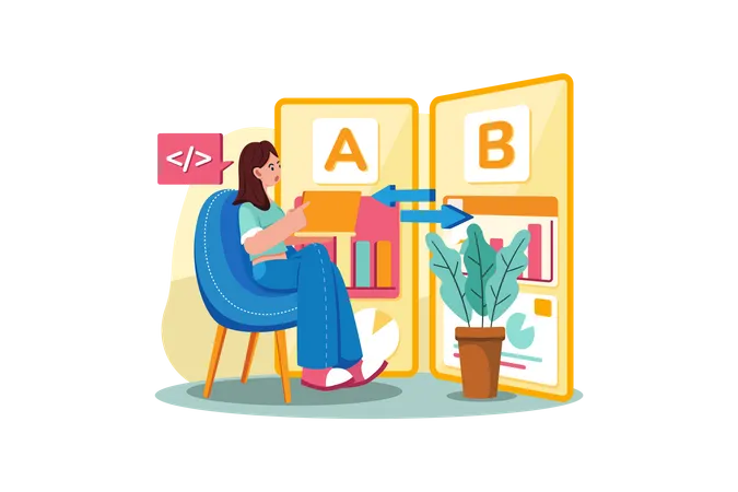 Businesswoman comparing AB testing results  Illustration