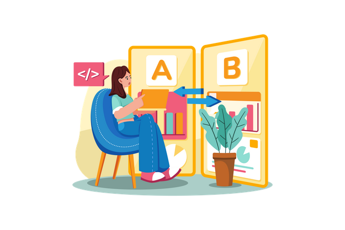 Businesswoman comparing AB testing results  Illustration