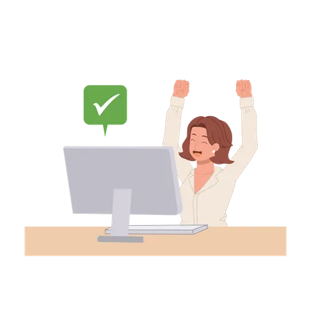 Woman Show Yeah Positive Gesture Approval Gesturing Near Computer Success Project Concept Flat Vector Cartoon Character Illustration Illustration