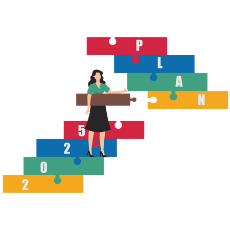 Businesswoman completes puzzle bridge towards 2025 target plan  Illustration