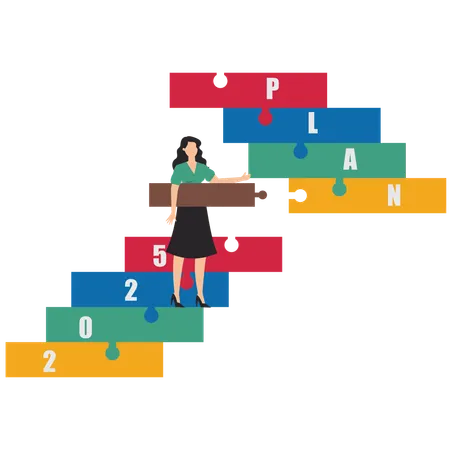 Businesswoman completes puzzle bridge towards 2025 target plan  Illustration