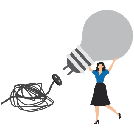 Businesswoman connect plug with light bulb idea to messy line of cable  Illustration