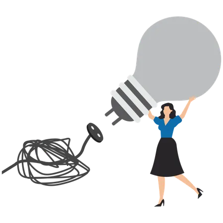 Businesswoman connect plug with light bulb idea to messy line of cable  Illustration