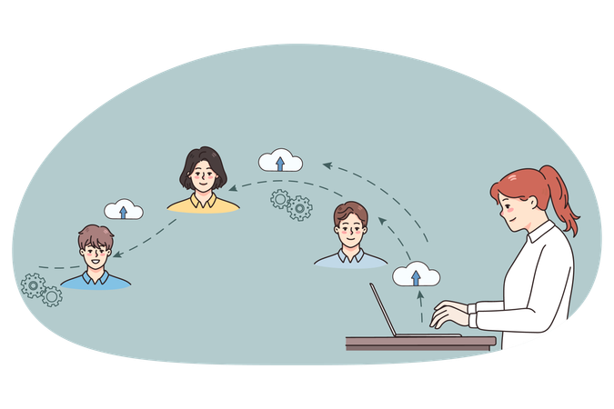 Businesswoman connect with colleagues on network  Illustration