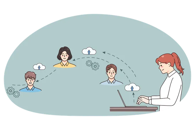 Businesswoman connect with colleagues on network  Illustration