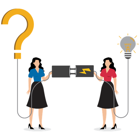 Businesswoman Connecting Cable to Illuminate Lightbulb as Solution  Illustration