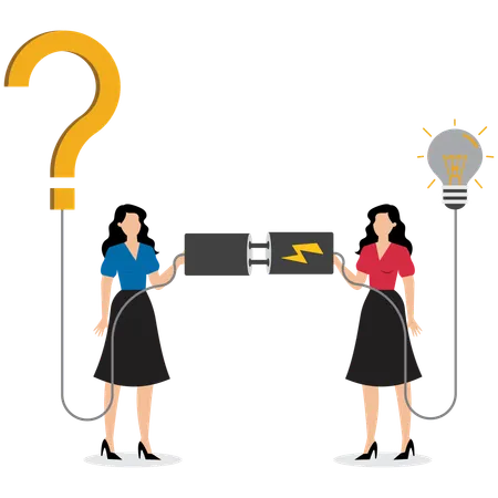 Businesswoman Connecting Cable to Illuminate Lightbulb as Solution  Illustration