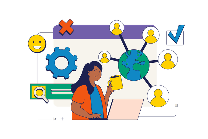 Businesswoman connects remote employees together  Illustration