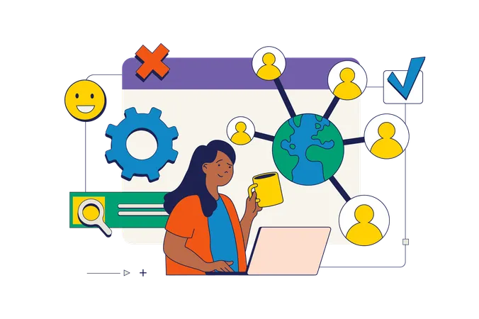 Businesswoman connects remote employees together  Illustration