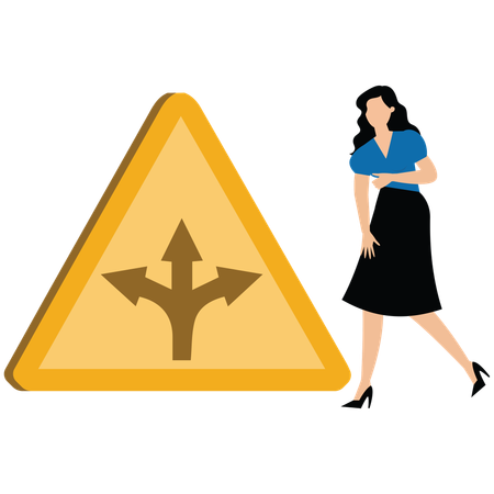 Businesswoman contemplate which way to go with fork road yellow warning sign to decide career path  Illustration