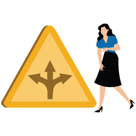 Businesswoman contemplate which way to go with fork road yellow warning sign to decide career path  Illustration