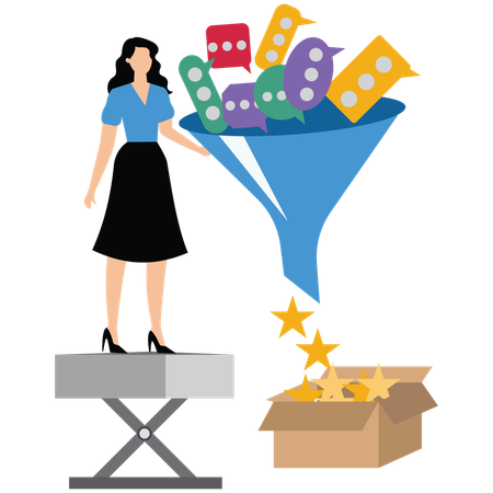 Businesswoman converting customer reviews using funnel  Illustration