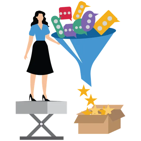 Businesswoman converting customer reviews using funnel  Illustration