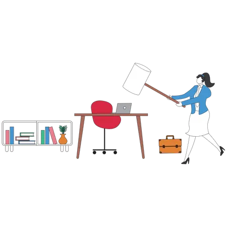 Businesswoman crashing workplace in office  Illustration