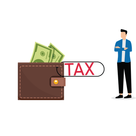 Businesswoman crosses his arms looking at money in wallet with tax clip  Illustration