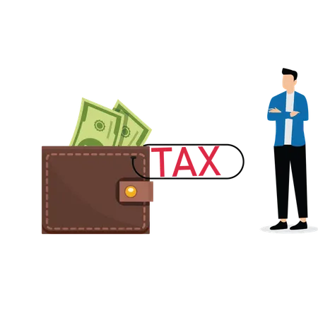 Businesswoman crosses his arms looking at money in wallet with tax clip  Illustration