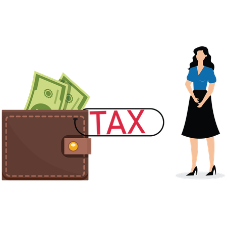 Businesswoman crosses his arms looking at money in wallet with tax clip  Illustration