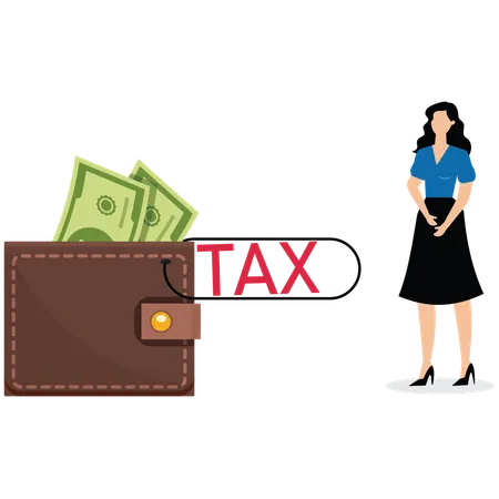 Businesswoman crosses his arms looking at money in wallet with tax clip  Illustration