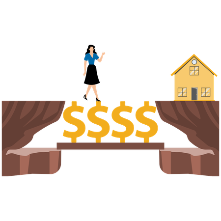 Businesswoman crossing the dollar bridge to achieve financial goals  Illustration