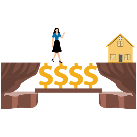 Businesswoman crossing the dollar bridge to achieve financial goals  Illustration