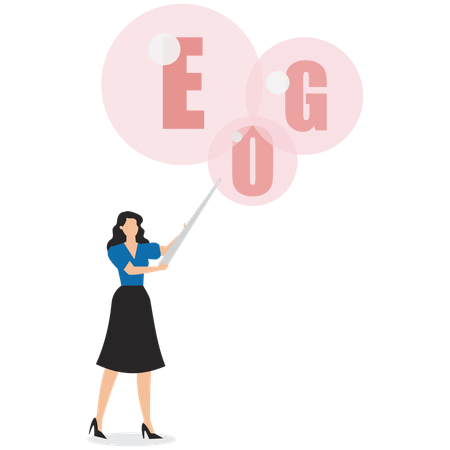 Businesswoman deflating speech bubble of word EGO with needle  Illustration