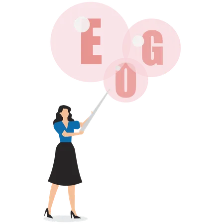 Businesswoman deflating speech bubble of word EGO with needle  Illustration