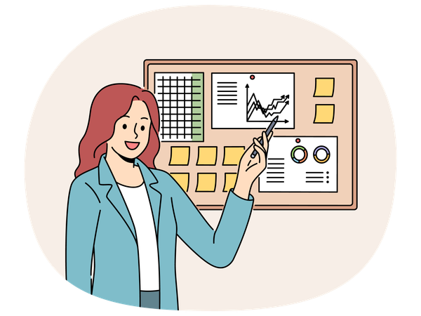 Businesswoman demonstrates financial graphs and charts pinned on cork board in office  Illustration