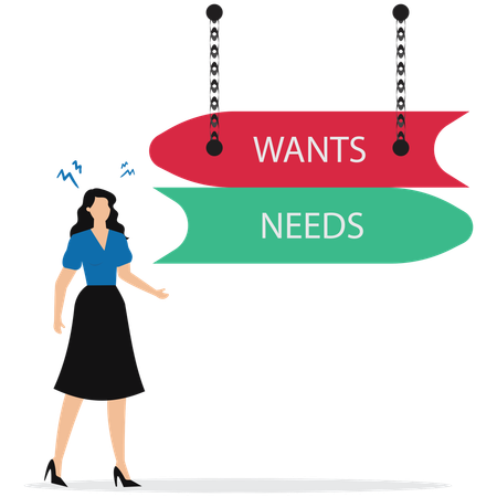Businesswoman dilemma choice between wants and needs  Illustration