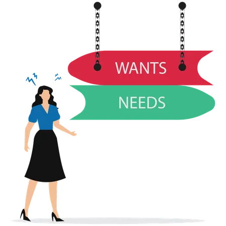 Businesswoman dilemma choice between wants and needs  Illustration