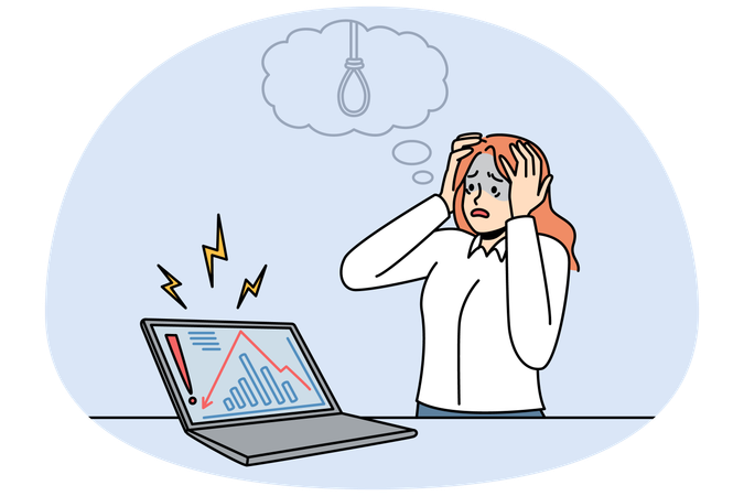 Businesswoman distressed with stock market crisis and fall.  Illustration