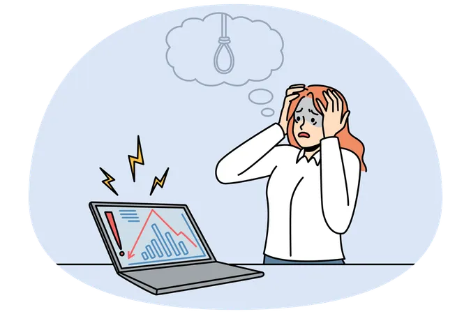 Businesswoman distressed with stock market crisis and fall.  Illustration