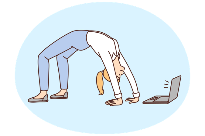 Businesswoman do gymnastics watching online fitness class  Illustration